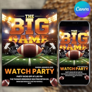 Big Game Football Party Invitation Template,  Editable Watch Party Invite, Printable Digital Download, Canva Editable Template