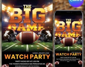 Big Game Football Party Invitation Template,  Editable Watch Party Invite, Printable Digital Download, Canva Editable Template