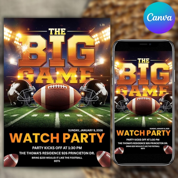 Big Game Football Party Invitation Template,  Editable Watch Party Invite, Printable Digital Download, Canva Editable Template