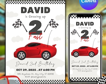 2nd Birthday Invitation, Race Car Birthday Invite, Racing Invite for Boys, Fast Birthday Invitation, Birthday Party Invite, Canva Editable