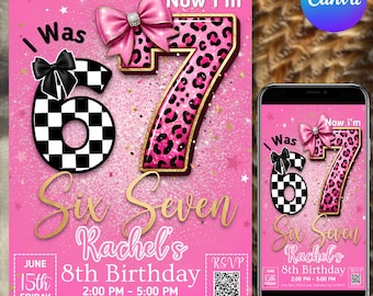 Meme verjaardagsuitnodiging Six Seven, 7e verjaardag meisje uitnodigen, digitale download, afdrukbare uitnodiging, bewerkbare Canva-sjabloon