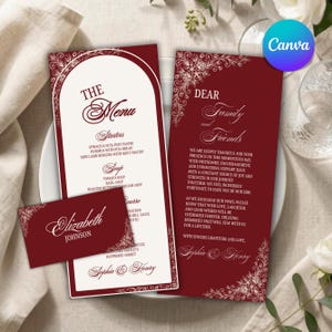 Może przedstawiać: Zestaw bordowych papeterii ślubnych, w tym menu, kartka z podziękowaniami i wizytówka. Menu zawiera przystawki i zupy. Kartka z podziękowaniami ma kwiatowy wzór i wiadomość do rodziny i przyjaciół. Wizytówka zawiera imię i nazwisko "Elizabeth Johnson".