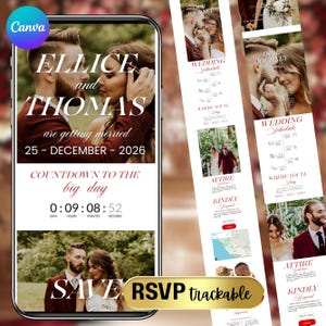 Könnte beinhalten: Ein Smartphone-Bildschirm zeigt eine Hochzeitseinladung für "Ellice und Thomas" am 25. Dezember 2026. Ein Countdown-Timer zeigt 0:09:08:52. Weitere Seiten zeigen den Zeitplan, die Kleidung und RSVP-Details.