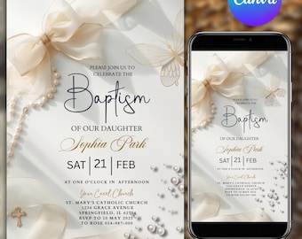 Elegante doopuitnodigingssjabloon, witte strik doopuitnodiging, digitale download, Canva bewerkbare sjabloon