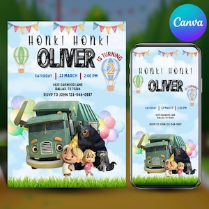 Puede incluir: Una invitación de cumpleaños con un camión de dibujos animados, osos y niños. La invitación dice "Honk! Honk! Oliver cumple 2 años" con la fecha, hora y dirección. El diseño está sobre un fondo de cielo azul con globos y banderines.