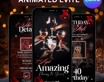 Può includere: Tre smartphone che mostrano inviti animati per una festa di compleanno. Il telefono centrale mostra un brindisi con calici di vino, il testo "Aged Amazing Cheers to You!" e il nome "Harper Collins". Gli altri telefoni mostrano i dettagli dell'evento.