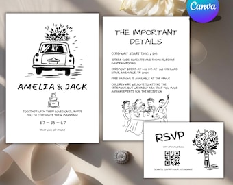 Hand Drawn Wedding Invitation, Wedding  Template, Cute People Scribble Illustrations, Handwritten Wedding Invite,RSVP Illustrated, DIY Canva