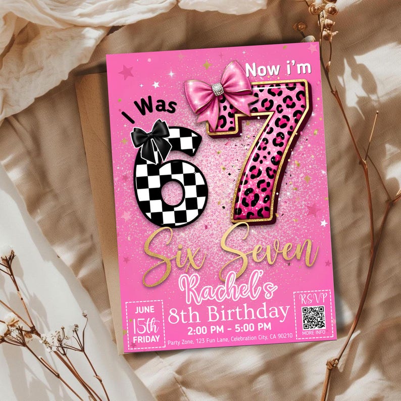 Six Seven Meme Birthday Invitation, 7th birthday invite Girl, Digital Download, Printable Invite, Canva Editable Template