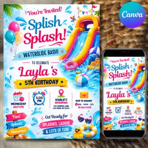 Może przedstawiać: Cyfrowy zaproszenie na urodziny oraz smartfon wyświetlający ten sam projekt. Grafika przedstawia kolorową zjeżdżalnię wodną, balony, piłkę plażową i gumową kaczuszkę, z napisem Splish Splash Waterslide Bash na 5. urodziny Layli.