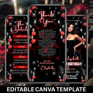 Digital Birthday Dinner invitation, Black/Red Birthday Dinner, Digital Birthday Party Invite, Birthday Party evite, Canva Editable Template