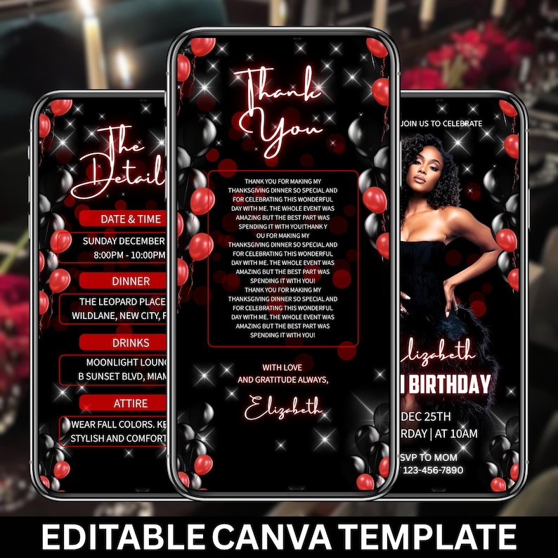 Digital Birthday Dinner invitation, Black/Red Birthday Dinner, Digital Birthday Party Invite, Birthday Party evite, Canva Editable Template