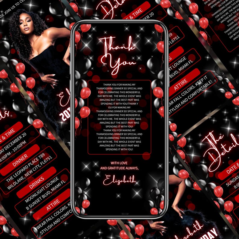Digital Birthday Dinner invitation, Black/Red Birthday Dinner, Digital Birthday Party Invite, Birthday Party evite, Canva Editable Template