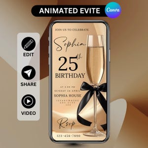 Op de afbeelding: Een digitale verjaardagsuitnodiging op een smartphonescherm. Het ontwerp toont een champagneglas met een zwarte strik, de naam "Sophia" en de tekst "25th Birthday". De uitnodiging bevat evenementdetails en een RSVP-telefoonnummer.