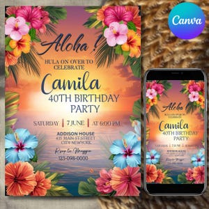 Tropical Birthday Invitation, Hawaiian Pineapple Birthday Invitation, Luau Invitation, Aloha Party Digital Invite, Canva Editable Template