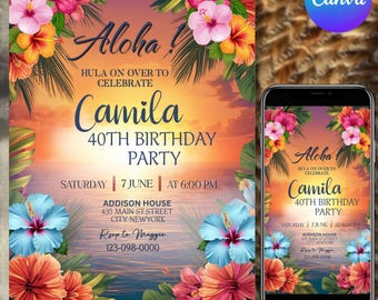 Tropical Birthday Invitation, Hawaiian Pineapple Birthday Invitation, Luau Invitation, Aloha Party Digital Invite, Canva Editable Template