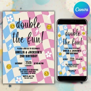 May include: A birthday invitation with a retro design. The invitation features a wavy checkered pattern in light blue, pink, and cream, with the words "double the fun!" and details for Amelia & Jackson's 2nd birthday.