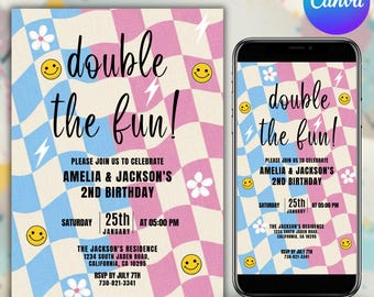 Double the Fun Birthday Invitation Template, Twin Birthday Invitation, Joint Birthday Invite, Kids Birthday, Canva Editable,Instant Download