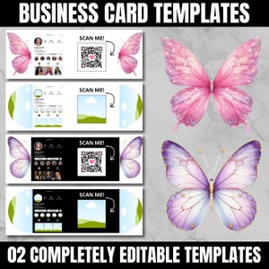 May include: Business card templates featuring butterfly wings and social media profile layouts. Each template includes a "SCAN ME!" QR code. The design includes pink and purple watercolor butterfly wings. The text at the top says "BUSINESS CARD TEMPLATES" and at the bottom "02 COMPLETELY EDITABLE TEMPLATES".