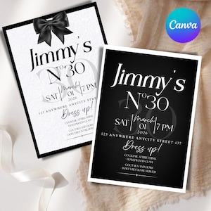 Peut inclure: Deux invitations de fête, une noire et une blanche, avec un nœud noir. Les invitations indiquent "Jimmy's N°30" avec les détails de l'événement : samedi 1er mars 2026, 19h, et "Dress up!" pour un événement cocktail.