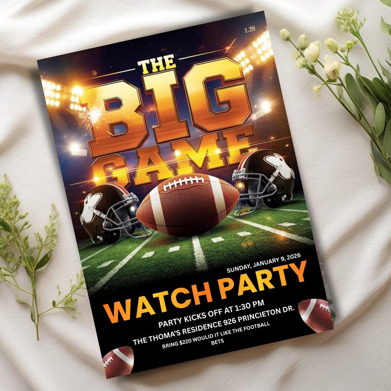 Big Game Football Party Invitation Template,  Editable Watch Party Invite, Printable Digital Download, Canva Editable Template