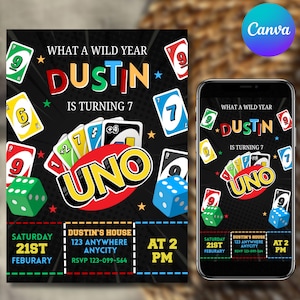 May include: Black birthday invitation featuring a colorful UNO theme. The invitation includes the text "WHAT A WILD YEAR DUSTIN IS TURNING 7" and details for the party. A smartphone displays the same invitation.