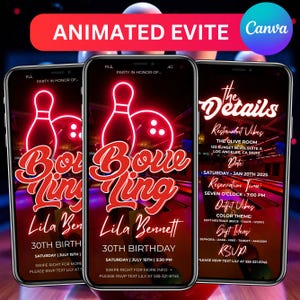 Może przedstawiać: Animowane zaproszenie na imprezę urodzinową w stylu kręgli z okazji 30. urodzin. Projekt przedstawia neonową grafikę kręgli i kuli na ekranie smartfona. Zaproszenie zawiera szczegóły, takie jak data, godzina i informacje RSVP.