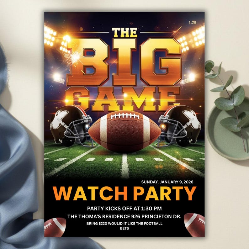 Big Game Football Party Invitation Template,  Editable Watch Party Invite, Printable Digital Download, Canva Editable Template