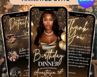 Video de invitación de cumpleaños de lujo en negro y dorado, invitación para cena de mujeres de 30, 40 y 50 años, plantilla digital de Evite, editable en Canva