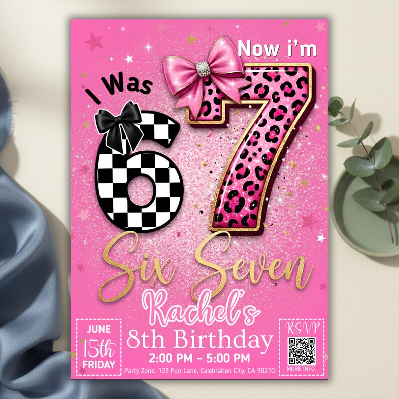 Six Seven Meme Birthday Invitation, 7th birthday invite Girl, Digital Download, Printable Invite, Canva Editable Template