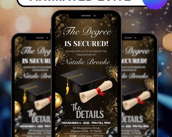 Zwart en goud luxe digitale afstuderen uitnodiging, afstudeerfeest, afstudeerceremonie, voor mannen en vrouwen, Instant Access Canva bewerkbaar