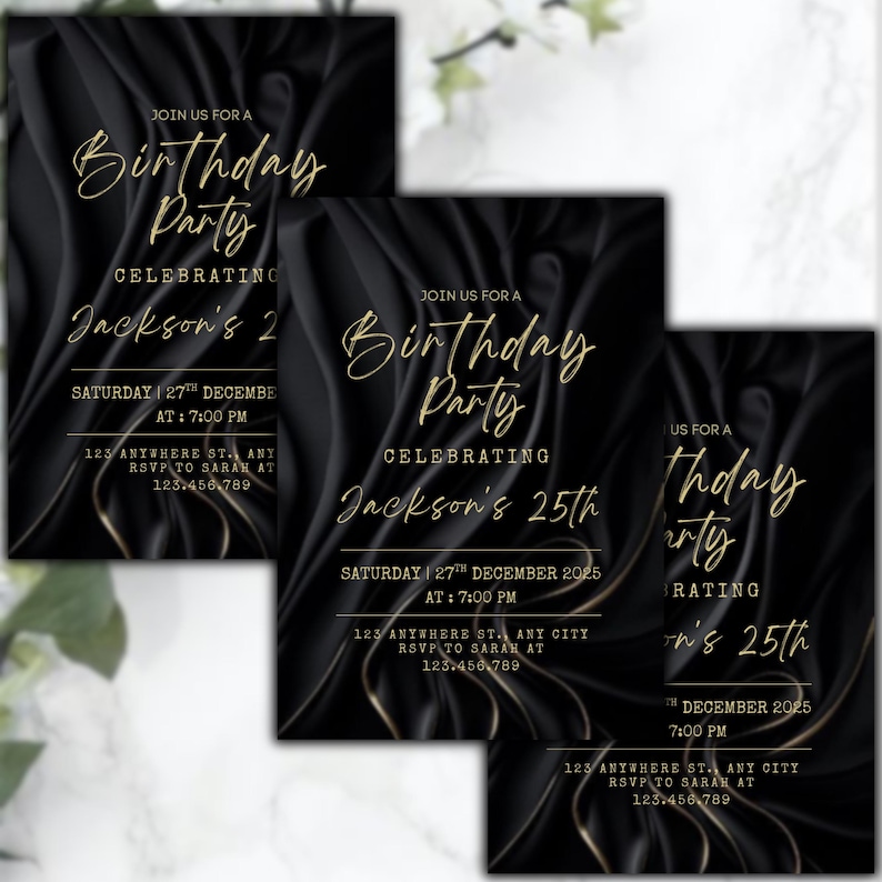 Black & Gold Birthday Invitation, 30th Birthday Evite for Him, Modern