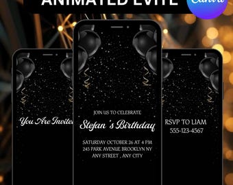 Animated Birthday Dinner Invitation, Birthday Party Invite, Digital Birthday Party, Black Elegant Birthday Template, Canva Editable Template