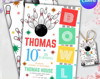 May include: Bowling-themed birthday party invitations and thank you tags. The invitation features a black bowling ball and white pins, with the name "THOMAS" and the number "10" in red and blue. The tag says "THANK YOU".