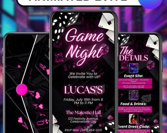 Animated Game Night Invitation Template, Editable Digital Birthday Party Invite, Neon Theme Adult Game Night Design, Canva Editable