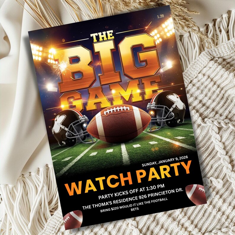 Big Game Football Party Invitation Template,  Editable Watch Party Invite, Printable Digital Download, Canva Editable Template