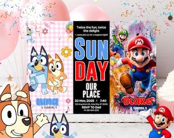 Invitación de cumpleaños conjunta, invitación para dos hermanos, cumpleaños combinado de niño y niña, invitación instantánea con temática de cumpleaños doble, editable en Canva.