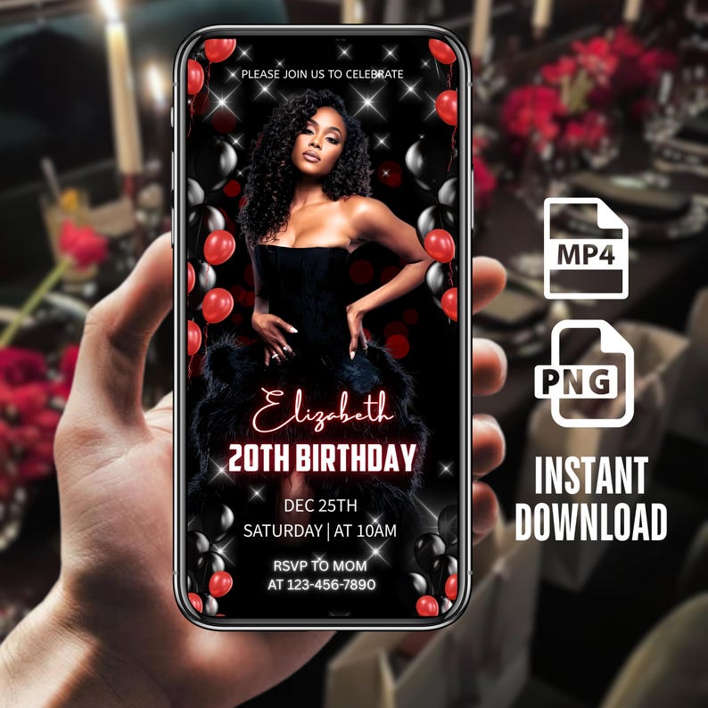 Digital Birthday Dinner invitation, Black/Red Birthday Dinner, Digital Birthday Party Invite, Birthday Party evite, Canva Editable Template