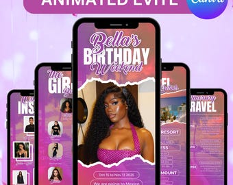 Birthday Weekend Evite, Vacation Getaway Planner, Travel Itinerary Evite, Girl’s Trip, birthday Evite, Instant Download, Canva editable