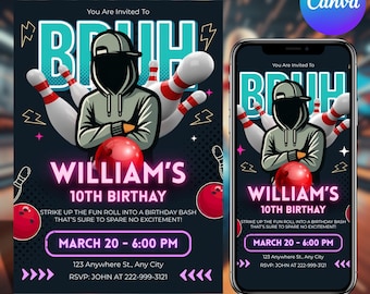 Bowling Birthday Party Invitation, Kids Bowling Alley Celebration, Kids Birthday Party Invite, Birthday Invitations, Canva Editable, Diy
