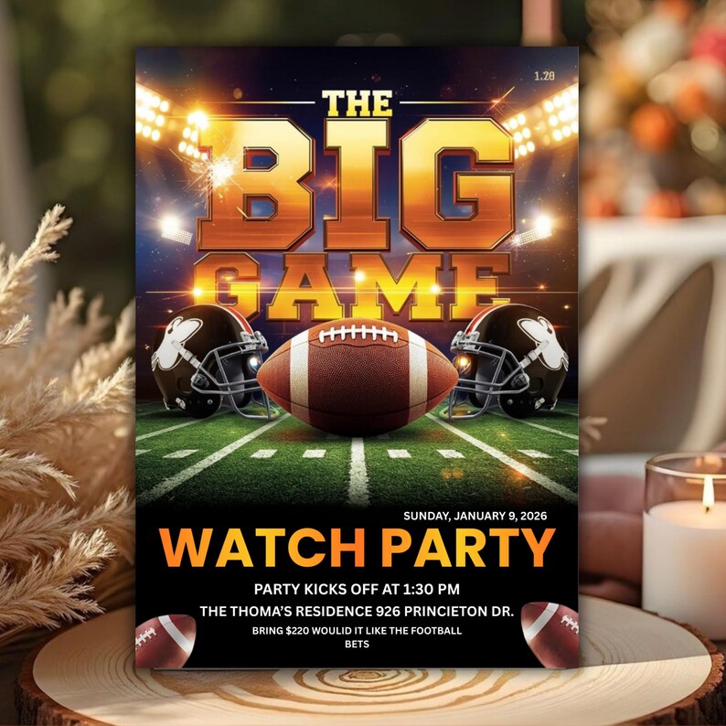 Big Game Football Party Invitation Template,  Editable Watch Party Invite, Printable Digital Download, Canva Editable Template