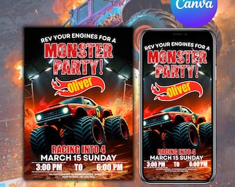 Monster Truck Birthday Invitation, Monster Jam Birthday Invitation, Boys Birthday Invite, Monster Jam Party, Racing Party, Canva Editable