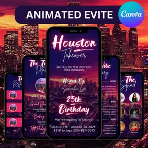 May include: Animated Evite design featuring a Houston Takeover theme for a 25th birthday celebration. The design includes multiple smartphone screens displaying event details, dates, and RSVP information against a cityscape backdrop.