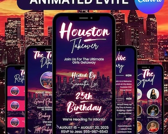 Animated Evite, Houston Trip itinerary Evite, Houston Birthday Evite, Travel Birthday Evite, Instant Download, DIY in Canva