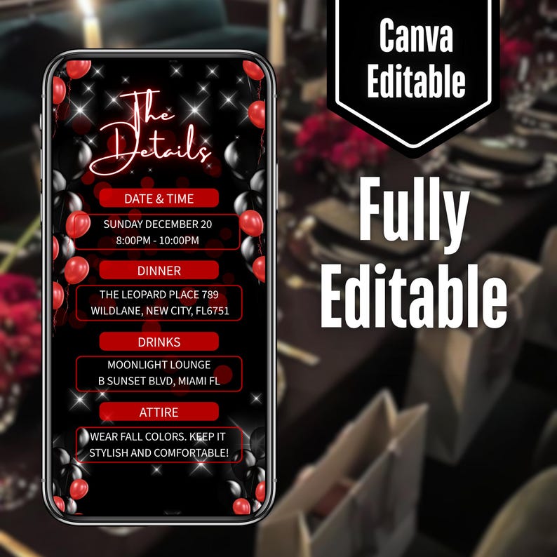 Digital Birthday Dinner invitation, Black/Red Birthday Dinner, Digital Birthday Party Invite, Birthday Party evite, Canva Editable Template