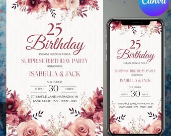 Invitación para fiesta de cumpleaños número 25 para mujer, invitación floral sorpresa para fiesta de cumpleaños, descarga digital, invitación para cualquier edad, editable en Canva