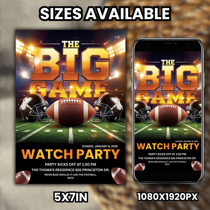 Big Game Football Party Invitation Template,  Editable Watch Party Invite, Printable Digital Download, Canva Editable Template
