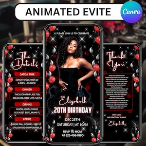 May include: Animated Evite for a 20th birthday celebration. The design features a woman in a black dress, surrounded by red and black balloons. The invitation includes event details, date, time, location, and RSVP information.