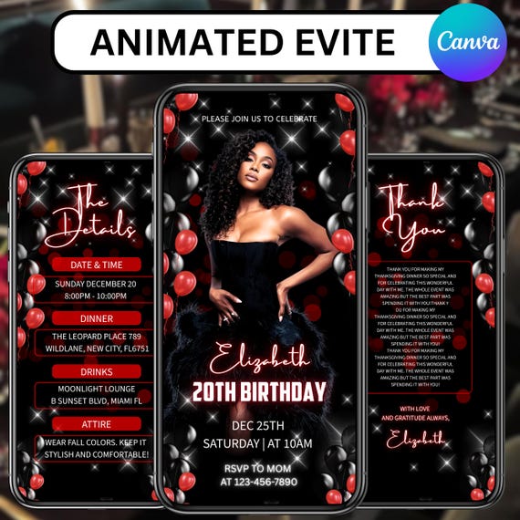 Digital Birthday Dinner invitation, Black/Red Birthday Dinner, Digital Birthday Party Invite, Birthday Party evite, Canva Editable Template