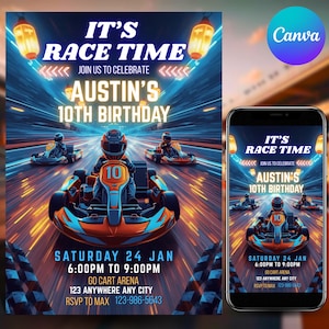 Puede incluir: Invitación digital para una fiesta de cumpleaños con temática de carreras de karts. El diseño presenta un corredor de karts con el texto "IT'S RACE TIME" y "AUSTIN'S 10TH BIRTHDAY". También se incluye la fecha y la hora.