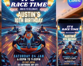 Go Kart verjaardagsuitnodiging, Go Kart verjaardagsfeestje, Go Kart Party, karting uitnodiging, Go Karting Racing uitnodigen, bewerkbare Canva-sjabloon